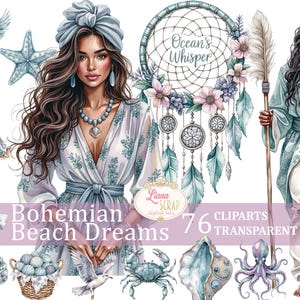 Boho Beach Dreams 76 clipartset - aquarel schelpen, zeedieren, bohovrouwen, png voor digitale kunst, planners en scrapbooking