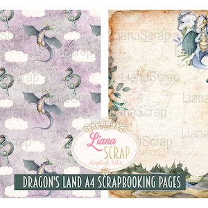 Puede incluir: Dos p&aacute;ginas de scrapbooking digital con tem&aacute;tica de drag&oacute;n. La primera p&aacute;gina tiene un patr&oacute;n repetitivo de nubes moradas y dragones verdes sobre un fondo morado claro. La segunda p&aacute;gina tiene un solo drag&oacute;n verde con acentos florales sobre un fondo marr&oacute;n claro con textura vintage.