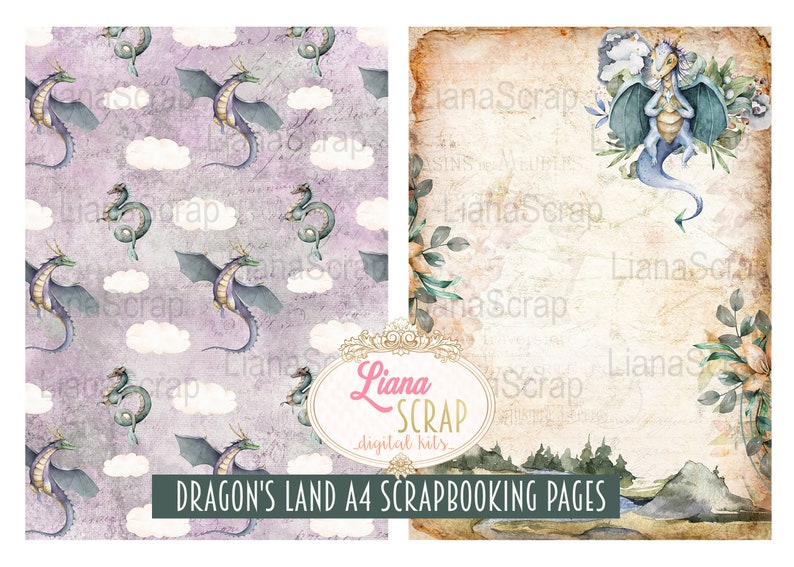 Puede incluir: Dos p&aacute;ginas de scrapbooking digital con tem&aacute;tica de drag&oacute;n. La primera p&aacute;gina tiene un patr&oacute;n repetitivo de nubes moradas y dragones verdes sobre un fondo morado claro. La segunda p&aacute;gina tiene un solo drag&oacute;n verde con acentos florales sobre un fondo marr&oacute;n claro con textura vintage.