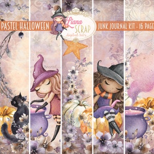 Kit digital pastel Halloween Junk Journal imprimible, hojas mágicas de collage digital de Halloween, kit de diario basura de Halloween