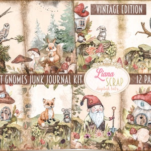 Forest Gnomes VINTAGE edition Junk Journal Digital Kit Printable, Gnomes and Woodland Digital Collage Sheets, Vintage Woodland Junk Journal