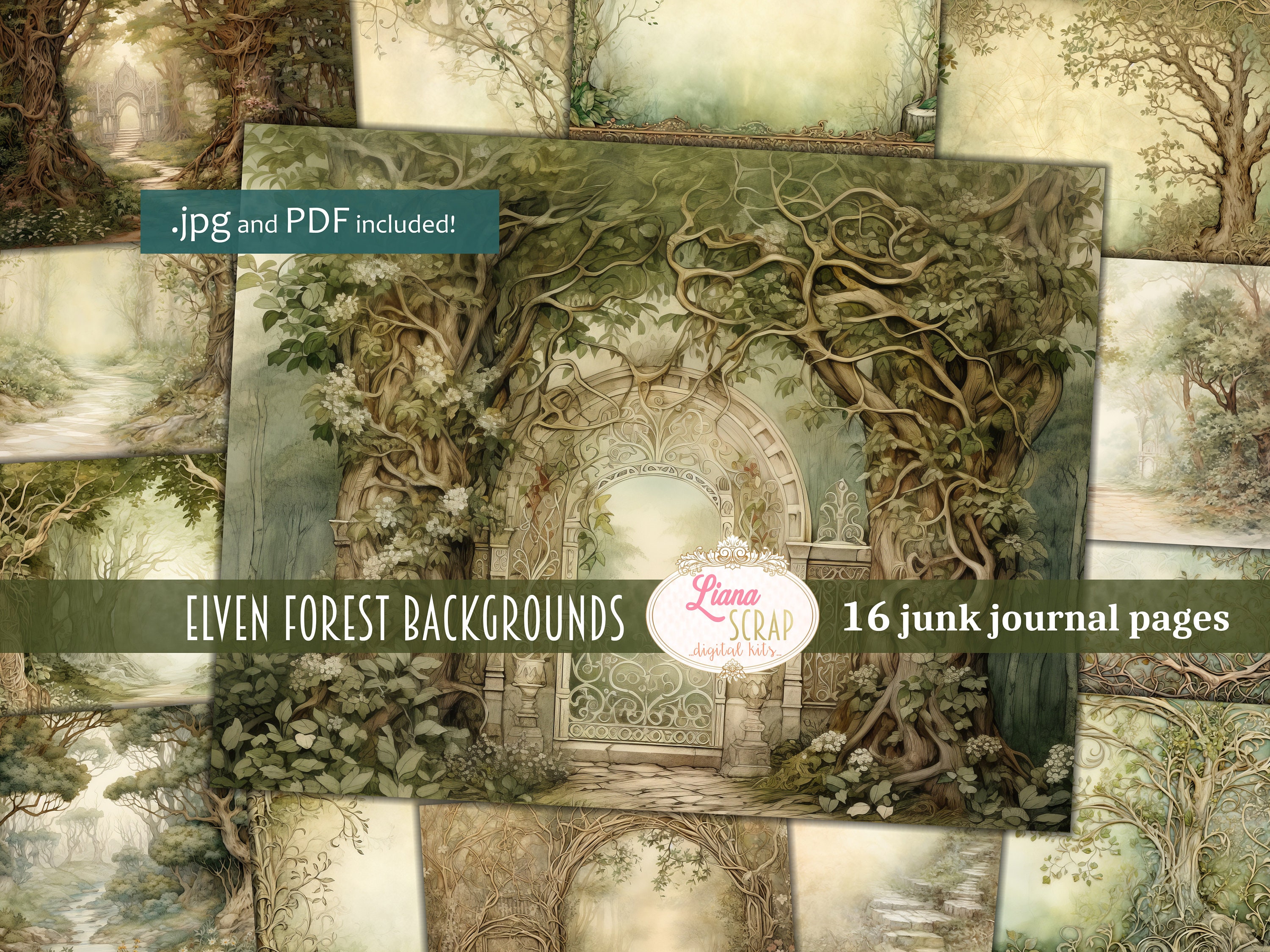 Elven Forest Digital Junk Journal Background, Elf Collage