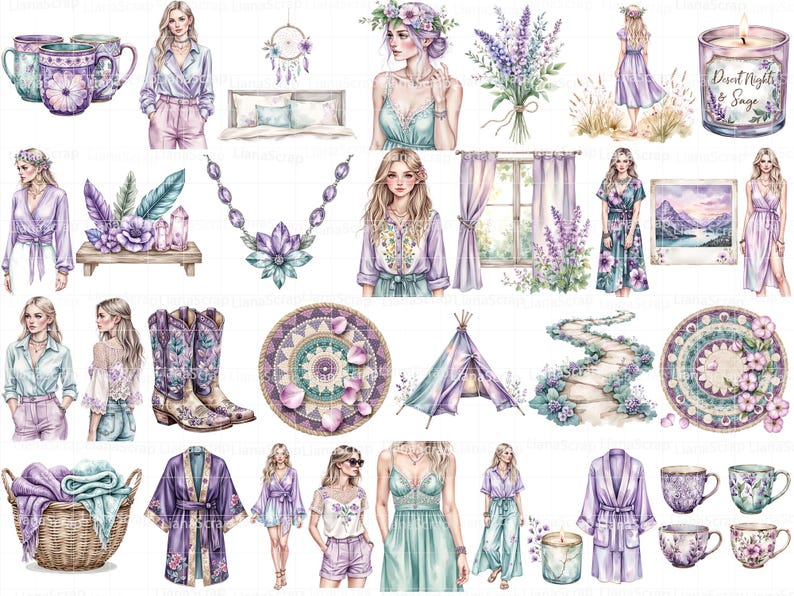 Bohemian Endeavors 90 Digital Clipart Set PNG Boho Fashion Desert Graphics, boho planner designs image 3