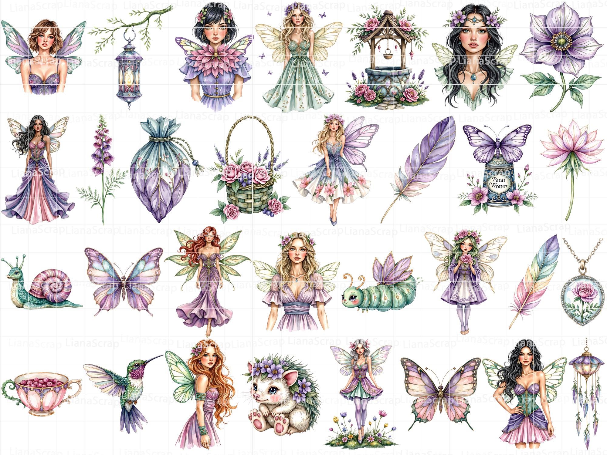 Watercolor Fairies Clipart Set – 85 PNG Floral Fantasy Graphics ...