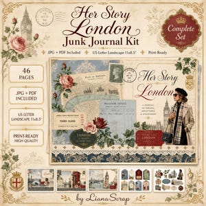 Può includere: Un kit digitale per junk journal intitolato Her Story London con 46 pagine in formato orizzontale US Letter di 27,94x21,59 cm. Il design include immagini vintage di Londra, mappe, illustrazioni floreali, francobolli e una persona in trench.