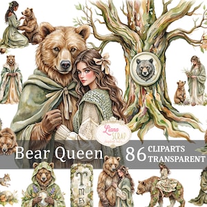 Bear Queen 86 clipart PNG, bosbeer illustraties, digitale planner stickers, aquarel Bear Queen clipart, middeleeuwse Fantasy Woodland