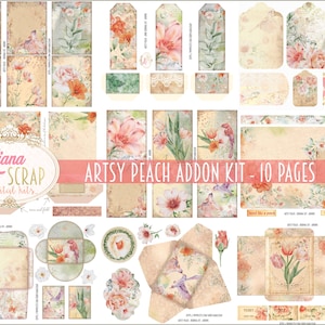 Artsy Peach ジャンクジャーナル デジタルキット 印刷可能、花と鳥のデジタルコラージュシート、ジャンクジャーナルペーパー