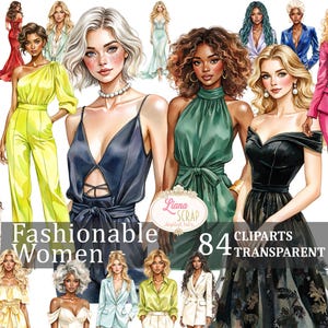 Clipart femmes à la mode - 84 élégants autocollants pour agenda numérique, Illustration de mode PNG, fond transparent, éléments de design tendance