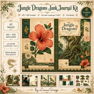 Op de afbeelding: Een Jungle Dragons Junk Journal kit met 61 pagina's in JPG- en PDF-formaat. Het ontwerp bevat een grote oranje hibiscusbloem, een drakenillustratie en de tekst Jungle Dragons Junk Journal Kit en The Jungle Dragons.