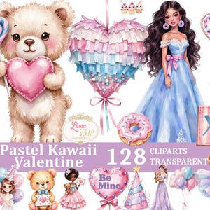 May include: A collection of pastel-colored Kawaii Valentine's Day clip art. The image features a teddy bear holding a heart, a girl in a blue dress, and other cute illustrations. The text reads "Pastel Kawaii Valentine" and "128 Cliparts Transparent PNG".