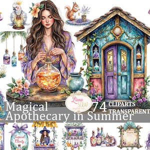 Images clipart magiques d'apothicaire en été - illustrations botaniques florales, bouteilles d'apothicaire vintage, autocollants d'agenda numérique