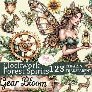 May include: A digital art collection titled "Clockwork Forest Spirits" featuring a fairy with clockwork wings, a squirrel, a bee, and an owl. The image includes a gear, a lantern, and the text "Gear Bloom".