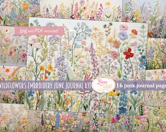 Wildflowers Embroidery Digital Junk Journal Background, Vintage Embroidery Collage Printable, Digital Kit, Digital Junk Journal Background