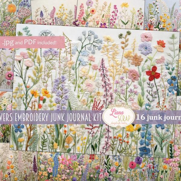 Wildflowers Embroidery Digital Junk Journal Background, Vintage Embroidery Collage Printable, Digital Kit, Digital Junk Journal Background