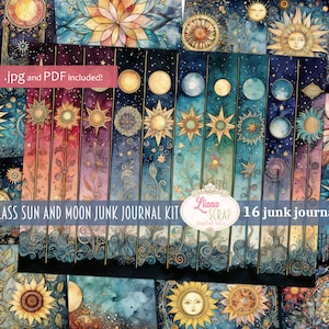 May include: A digital junk journal kit with 16 pages featuring stained glass sun and moon designs. The pages are in shades of blue, purple, and gold with stars and floral accents. The text "STAINED GLASS SUN AND MOON JUNK JOURNAL KIT" and "16 junk journal pages" is visible.