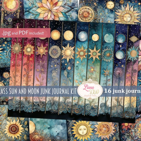 Stained Glass Sun and Moon Junk Journal, basic background paper, digital paper, printable, stained glass journal, paper, midnight background