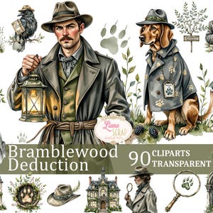 May include: Watercolor digital clip art set titled "Bramblewood Deduction" featuring illustrations of a man, a dog, a raven, and other detective-themed elements. The set includes a lantern, magnifying glass, and paw prints. The text "90 Cliparts Transparent PNG" is also included.