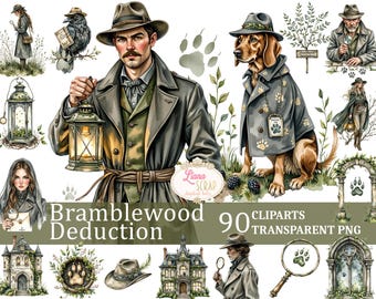May include: Watercolor digital clip art set titled "Bramblewood Deduction" featuring illustrations of a man, a dog, a raven, and other detective-themed elements. The set includes a lantern, magnifying glass, and paw prints. The text "90 Cliparts Transparent PNG" is also included.