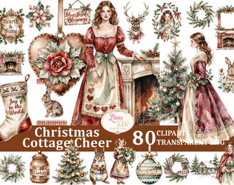 Może przedstawiać: Kolekcja 80 świątecznych grafik clipart. Obrazy przedstawiają kobietę w czerwonej sukni, choinkę, kominek, skarpetę z napisem "Joy to the World", ozdobę w kształcie serca i królika. Widoczny jest również tekst "Christmas Cottage Cheer".