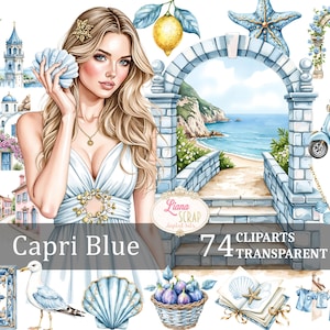 Ensemble de 74 cliparts numériques Capri bleu, été italien PNG, Illustration côtière, fond Transparent, graphiques de plage, autocollants pour agenda