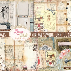 Kit digital de diario basura de costura vintage, diario imprimible con temática de costura, máquina de coser y hojas de collage de moda vintage