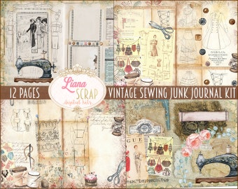 Kit numérique de journal vintage de couture, journal imprimable sur le thème de couture, machine à coudre et feuilles de collage de mode vintage