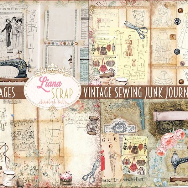 Vintage Sewing Junk Journal Digital Kit, Sewing Themed Printable Journal, Sewing Machine and Vintage Fashion Collage Sheets