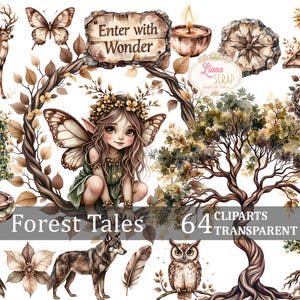 Clipartset Forest Tales - Fantasy bosdieren, paddenstoelen, magische elementen digitale kunst - 64 afbeeldingen