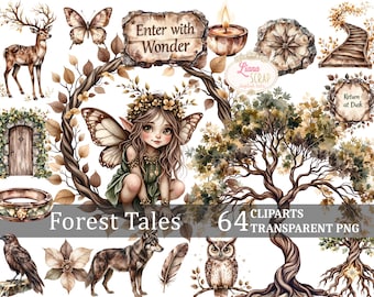 Zestaw clipartów „Leśne opowieści” – zwierzęta leśne fantasy, grzyby, elementy magii, sztuka cyfrowa – 64 obrazy