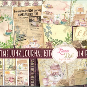 Kit numérique de journal indésirable de l'heure du thé, journal imprimable thé et fines herbes, feuilles de collage de théière et de tasses à thé, papier de journal indésirable