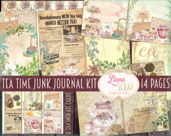 Tea Time Junk Journal Digital Kit, Tea and Herbs Printable Journal, Teapot and tea cups Collage Sheets, Junk Journal Paper