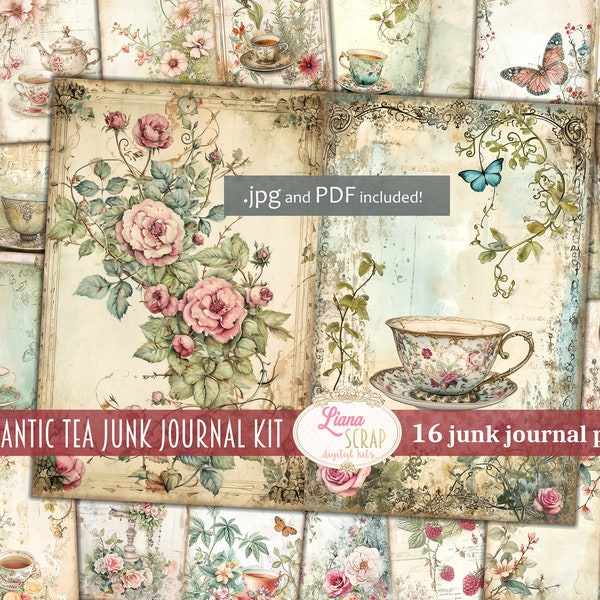 Kit de journal numérique indésirable pour le thé romantique, collage vintage à imprimer, kit numérique pour le thé, roses et papier pour journal indésirable numérique sur le thème du thé