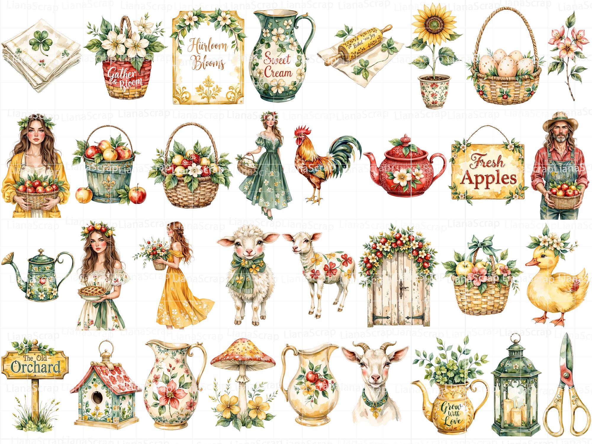 Watercolor Farm Animals Clipart Set – Floral PNG Graphics (digital ...