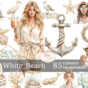 Ensemble de 85 cliparts White Beach plage côtière autocollants numériques PNG Transparent Illustration pour agendas et scrapbooking, mode estivale