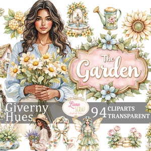 Giverny Hues 94 aquarel clipart set - bloemmotieven, tuinafbeeldingen, png voor planners, scrapbooking, digitale kunst, pastelbloemen