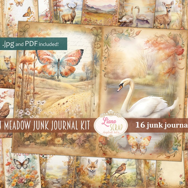 Autumn Meadow Digital Junk Journal Kit, Flora and Fauna Collage Printable, Digital Autumn Kit, Fall Theme Digital Junk Journal Paper