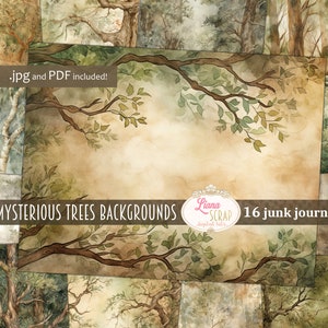 Mysteriöse Bäume Digital Junk Journal Hintergrund, Wald Collage zum Ausdrucken, Digital Junk Journal, Natur Journal Papier, Wald Hintergrund