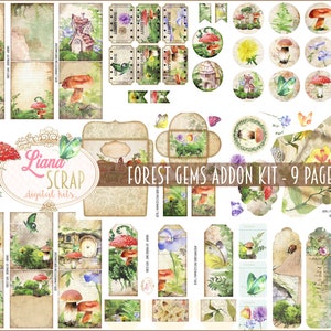 Kit numérique de complément de journal indésirable de gemmes de la forêt imprimable, feuilles de collage numérique de champignon, fantaisiste journal de indésirable de la forêt ADDON