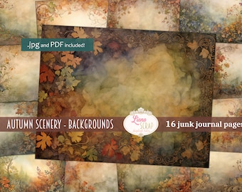 May include: A set of 16 digital junk journal pages featuring autumn scenery with leaves, vines, and a vintage background. The pages are available in .jpg and .pdf formats.  "Liana Scrap Digital Hits" is printed on the page.