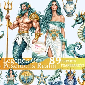 Set di clipart "Leggende del Regno di Poseidone" 89 - Arte digitale, PNG trasparenti, Sirene, Poseidone, Creature marine, Adesivi per planner, Mitologici