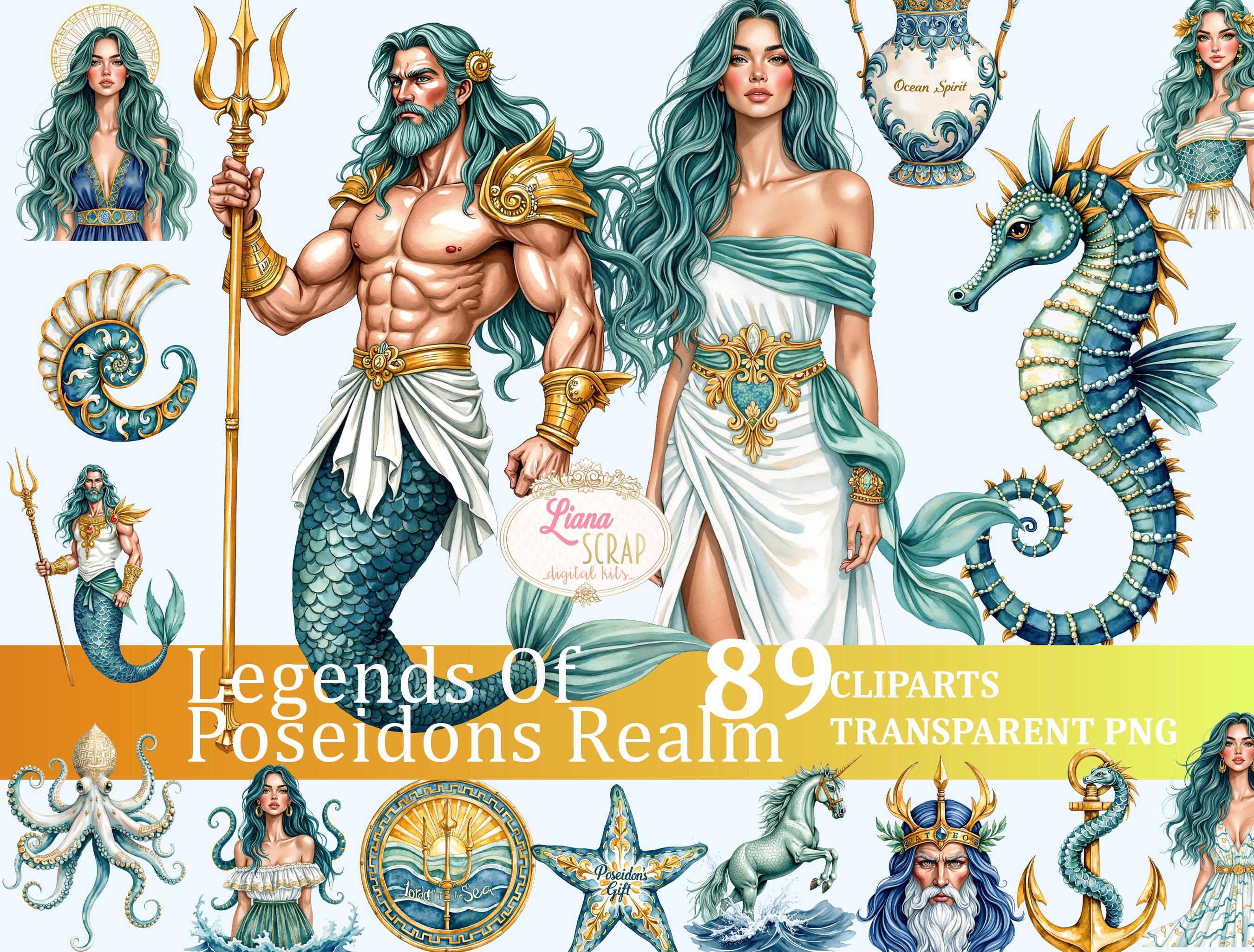 Poseidon's Realm Clipart Set – Mythical Sea Creatures (PNG