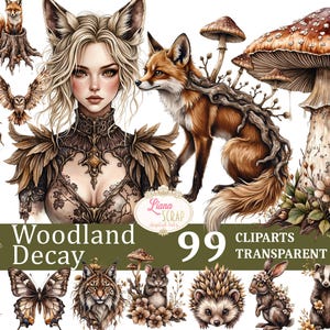 Può includere: Illustrazione digitale con una donna con orecchie da volpe, una volpe, funghi e creature del bosco. L'immagine include il testo "Woodland Decay" e "99 Cliparts Transparent PNG". La tavolozza dei colori è composta da toni della terra di marrone, beige e verde.