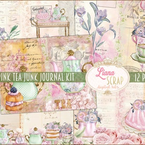 Pink Tea Junk Journal Digital Kit, Tea and Sweets Printable Journal, Théière et tasses à thé Feuilles de collage, Junk Journal Paper