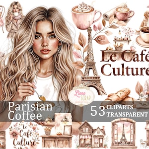 Parijse koffie 53 digitale clipartset transparante PNG Frans café illustratie aquarel ontwerp scrapbooking