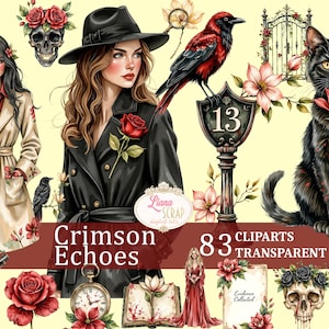 Conjunto de imágenes prediseñadas de Crimson Echoes 83: Dark Academia, Floral, Gótico, PNG para arte digital, planificadores, investigación de crímenes de Halloween