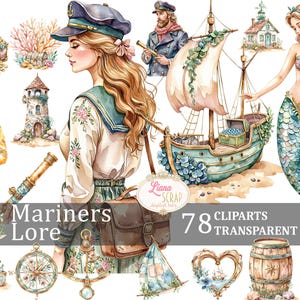 Mariners Lore 78 Clipart Set Aquarell Ozean Digital Art PNG transparenter Hintergrund Nautik Sailor Mermaid Treasure Island Planer