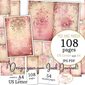 Junk Journal - Roze Achtergrond - US Letter en A4-formaat, Mix en Match Pagina's, Vintage papier in roze tinten Digitaal Papier in PDF en JPG