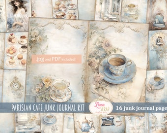 May include: A digital junk journal kit with 16 pages featuring a Parisian cafe theme. The pages include images of teacups, pastries, flowers, and vintage elements. The text "Parisian Cafe Junk Journal Kit" and "16 junk journal pages" is included in the image.