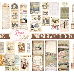 Imprimíveis de coisas efêmeras de costura vintage, folhas de colagem digital de costura, complementos de diário de lixo de costura vintage, papel de diário de lixo