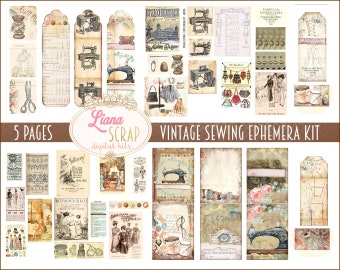 Vintage Sewing Ephemera Printables, Sewing Digital Collage Sheets, Vintage Sewing junk journal addons, Junk Journal Paper